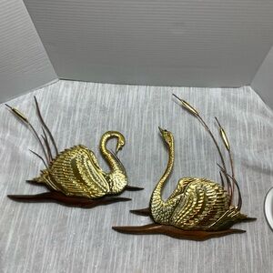 Swan Wall Art with Cattails Brass Copper and Wood MCM Wall Art Decor pair